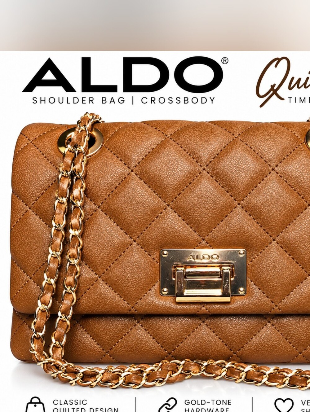 ALDO Brown Quilted Shoulder Bag Gold Chain Turn Lock Flap Crossbody Purse